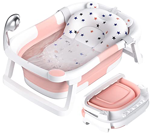Rabb 1St Vaschetta Bagnetto Neonato Pieghevole, Vasca Per Bambini Portatile Con Tappetino Antiscivolo E Foro Di Scarico,Nessun Termometro,Rosa