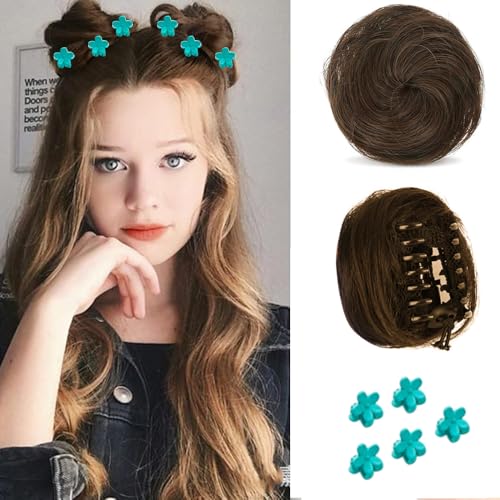 Qkepcy 2Pcs Chignon Finto Per Capelli Per Donne Ragazze Chignon Facile Per Capelli Finti Ondulatoc Accoppiato Con 5Pcs Clips Floreali