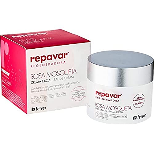 Repavar - Crema Viso Idratante - Rosa Mosqueta, Acido Ialuronico E Collagene - Arricchita Con Vitamina E E Burro Di Karitè - Rigenera La Pelle E Ralle