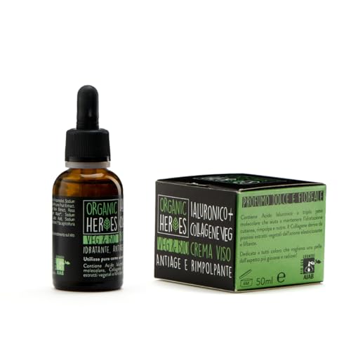 Organic Heroes | Kit Routine Viso Antiage Bio Crema E Siero, Ialuronico + Collagene Vegetale, Rimpolpante E Ad Effetto Lifiting, 30+50 Ml