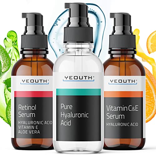 Yeouth Siero Viso Set Con Acido Ialuronico, Vitamina C E Retinolo, Hyaluronic Acid Siero Idratante, Retinol Notte Viso, Skincare Set Regalo 3X30Ml