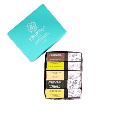 Écrin De Fleur - Magnifica Scatola Di 5 Saponi Francesi Artigianali A Freddo (Tea Tree, Carbone E Cedro, Caffè, Lime E Pepe Nero, Limone)