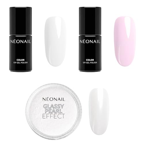 Neonail Set Uv Smalto Semipermanente Unghie 7,2 Ml Bianco Lattiginoso French White 7,2 Ml Rosa French Pink Glassy Pearl Effect 2G - Smalti Gel Per Ung