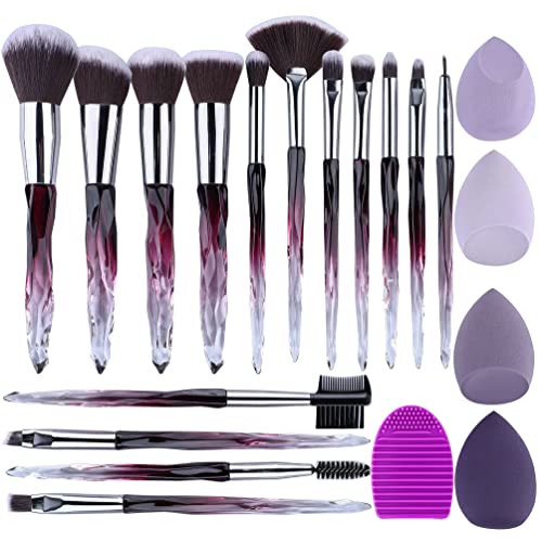 Xmosnz Pennelli Make Up 15Pcs Set Pennelli Trucco Set Crystal Pinceaux Maquillage Ombretto Pennello Trucchi Con 4 Spugna Trucco (20 Pezzi Set, Viola)