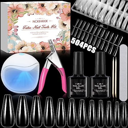 Nckihrkk Tips Per Unghie In Gel Set, 504Pcs Unghie Finte Con Mini Uv Lampada, 12 Taglie Kit Tip Unghie Finte, Unghie Finte Tip Unghie Ricostruzione Co
