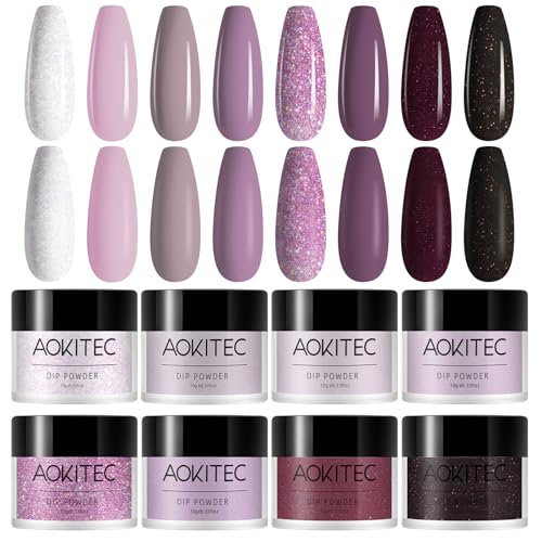 Aokitec 8 Colori Polvere Da Immersione Kit, Dipping Powder Per Unghie Nail Art Manicure Salone Fai Da Te A Casa，Inodore A Lunga Durata, Senza Polimeri