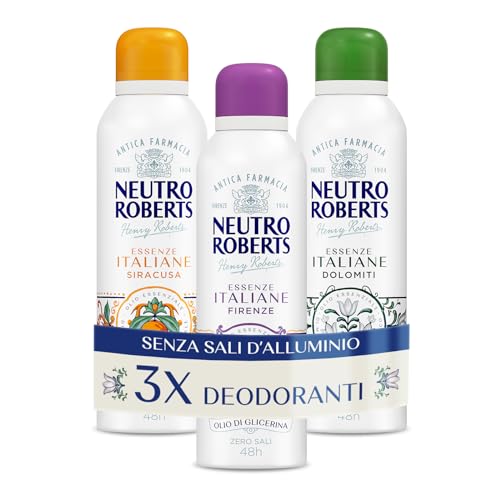 Neutro Roberts, Kit Deodoranti Spray Essenze Italiane Dolomiti, Siracusa E Firenze, Senza Sali Di Alluminio, Zero Macchie, Con Puro Olio Di Glicerina,
