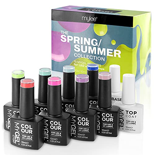 Mygel By Mylee Smalto Gel Per Unghie Collezione Primavera/Estate 8X10Ml Colori + Top E Base Coat, Uv/Led Nail Art Manicure Pedicure, Uso Professionale