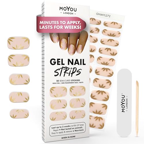 Moyou London When In Roma - Strisce In Gel Uv Semi-Indurite, 20 Pezzi, Per Manicure In Qualità Da Salone, Set Con Lima Per Unghie E Bastoncini Per Ung