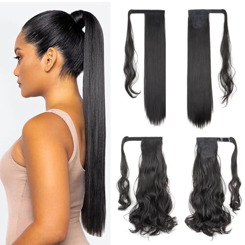 Xfsrg 2 Pezzi Coda Capelli Extension Dritto Coda Cavallo Extensions Coda Capelli Extension Ricci Avvolgere Intorno Clip Coda Cavallo Per Donna (Nero N
