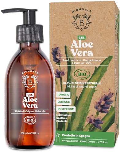 Bionoble Aloe Vera Gel Puro Bio 200Ml - Realizzato Con Polpa Di Aloe Vera Fresca Pura Al 100% E Con Lavanda Bio - Senza Xantano - Viso, Contorno Occhi