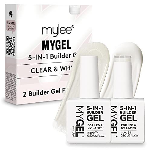 Mylee Duo Di Gel Costruttore 5-In-1 2X15Ml, Bianco E Trasparente - Base E Top Coat Smalto Rinforzante Uv/Led, Punte Ed Extension, Decorazioni Nail Art