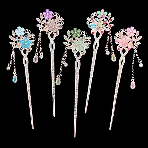 Bastoncini Per Capelli Tradizionali Cinesi A Forma Di Fiore, Forcina Per Capelli Con Strass Glitterati, Eleganti Bacchette Per Capelli Con Fiocco (Sti