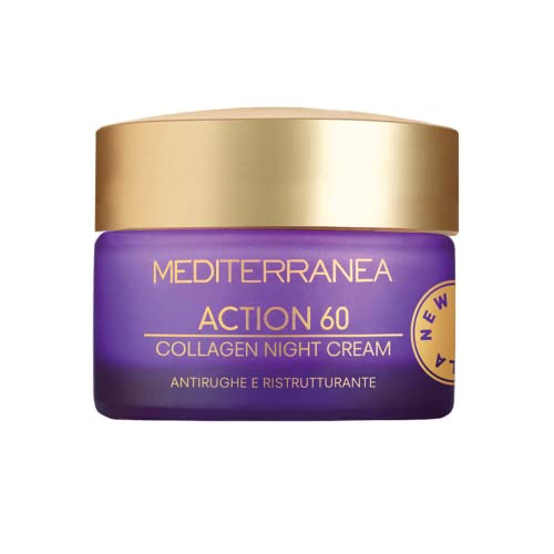 Mediterranea, Linea Action 60 Collagen Night Cream, Crema Viso Antirughe Notte, Levigante E Ristrutturante, Per Pelli Mature Da 55 A 65 Anni, 50 Ml -