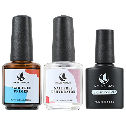 Magic Armor Primer Unghie E Nail Prep Disidratatore Per Unghie E Glossy Top Coat,Primer Non Acido E Dehydrator A Acid Free Per Polvere Acrilica (Nail