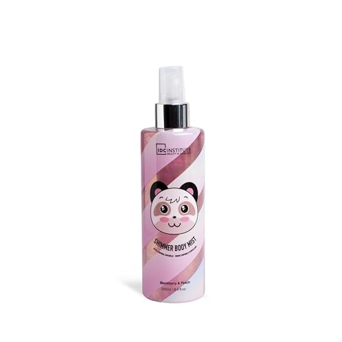 Idc Institute - Nebbia Corporea Glitterata, Mora E Pesca, Con Luminosità Radiosa E Morbidezza Istantanea, 250 Ml, Bottiglia Decorata Con Panda, Per Do