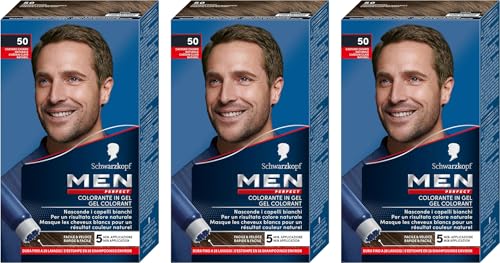 Schwarzkopf, Men Perfect, Tinta Copertura Dei Capelli Bianchi, Colorante In Gel, Tonalità 50 Castano Chiaro Naturale, 3 Confezioni