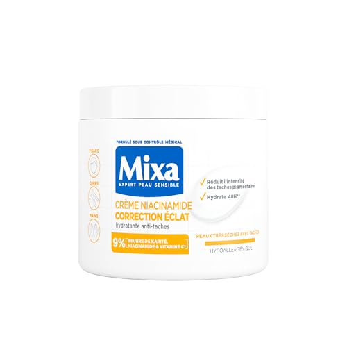 Mixa - Crema Niacinamide Correzione Illuminata - Crema Idratante Antimacchia Al Burro Di Karité, Alla Niacinamide E Alla Vitamina C - Adatta Al Viso,