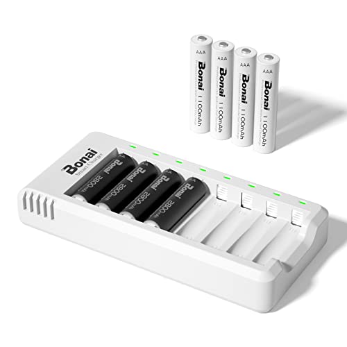 Bonai Caricabatterie Universale 8 Slot Con 4 Batterie Ricaricabili Aa 2800 Mah E 4 Batterie Ricaricabili Aaa 1100 Mah Ni-Mh, Usb 8 Slot Per Ricarica R