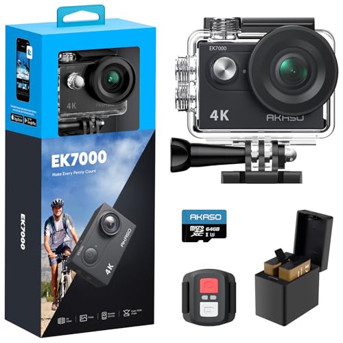 Akaso Ek7000 Action Cam 4K 30Fps Con Scheda Di Memoria Microsdxc Da 64Gb, Wifi 20Mp Fotocamera Subacquea, Videocamera Stabilizzata Caricabatterie Con