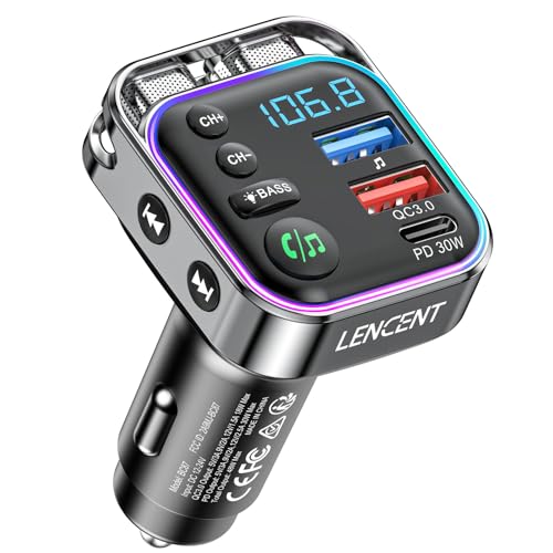 Lencent Trasmettitore Fm Bluetooth, Auto Radio Fm Bluetooth 5.3 Per Accendisigari, Caricatore Rapido Per Auto Pd 30W & Qc3.0 Usb Porta, Adattatore Fm