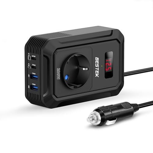 Bestek 200W Inverter 12V 220V 230V 240V Onda Pura,Inverter Auto Con Prese Ac 2 Usb-C (65 W E 30 W) 2 Usb-Qc (18 W),Convertitore Potenza Per Camper/Bar