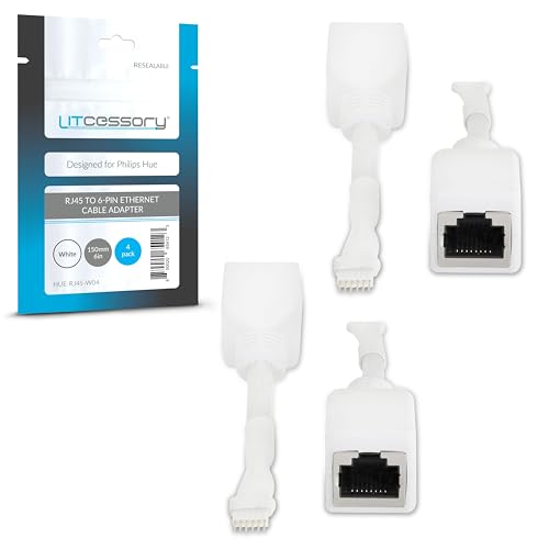 Litcessory Adattatore Cavo Ethernet Da Rj45 A 6-Pin Per Philips Hue Lightstrip Plus (4 Pezzi - Due Piao, Bianco - Micro 6-Pin V4)