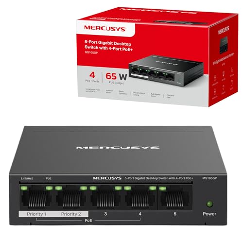 Mercusys Switch Gigabit Ethernet Per Computer A 5 Porte Con Poe+ A 4 Porte, Poe Da 65 W, Supporto 802.3Af/At Pd, Gestione Dell'Alimentazione, Scatola