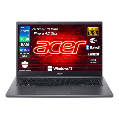 Acer Extensa 15, Pc Portatile Intel I7-1255U 10 Core 3.5 Ghz, Ram 16Gb, Ssd 512Gb, Display 15,6" Fhd, Notebook Con Win 11 Pro, Garanzia Italia