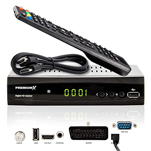 Premiumx - Ricevitore Satellitare Hd 521 Fta Digital Sat Tv Dvb-S2 Fullhd Hdmi Scart 2X Usb, Lettore Multimediale, 12V, Alimentatore Esterno