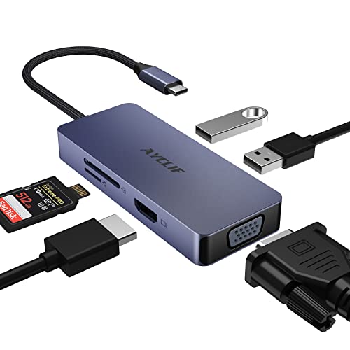 Ayclif 6 In 1 Usb C Hub, Adattatore Usb C Hdmi Vga Dual Monitor Con Usb A, Lettore Di Schede Sd/Tf, Multiport Usb C Dock Per Macbook Pro/Air, Dell/Hp/