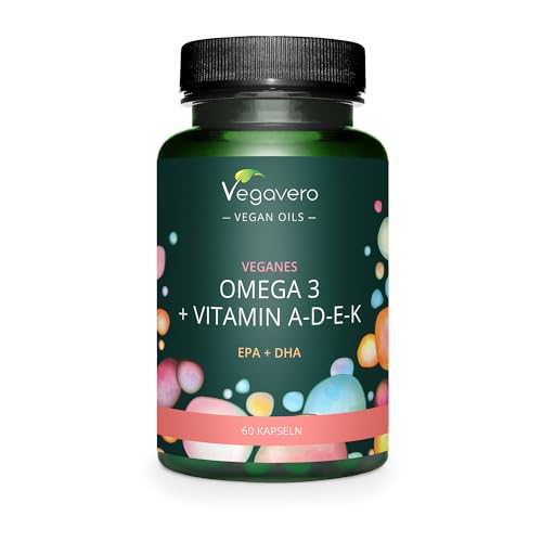 Omega 3 Vegan | + Vitamina D3, K2, E, A | Dha + Epa | Con Olio Di Alghe Premium Life’S™ Omega Pressato A Freddo | Vitamine Adek | 60 Capsule Vegane | 