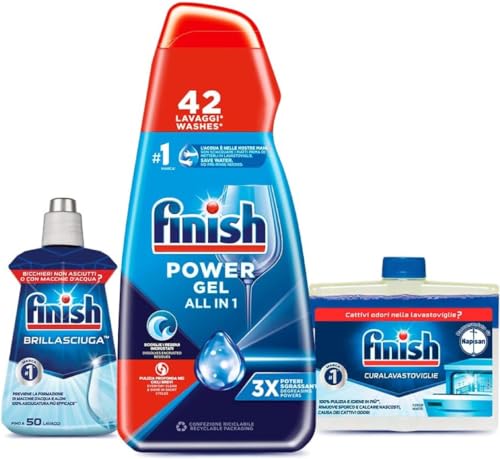 Finish Kit Lavastoviglie; Finish Powergel Detersivo Liquido Lavastoviglie Fresh 42 Lavaggi, Brillantante Regular 250Ml, Curalavastoviglie Regular 250M