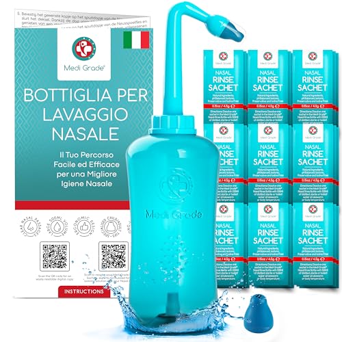 Medi Grade Bottiglia Per Lavaggi Nasali, 500 Ml - Kit Lavaggio Nasale Con Bottiglia Lavaggio Nasale, 30 Bustine Di Sale, 2 Beccucci E Una Custodia - L