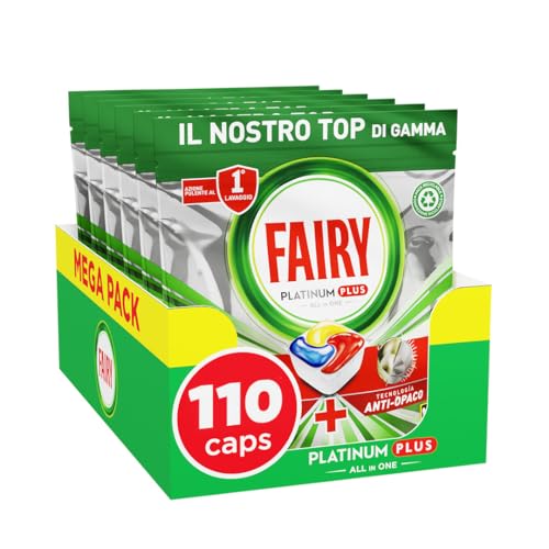 Pastiglie Per Lavastoviglie Fairy Platinum Plus Tutto In Uno Limone, 5 X 22 Capsule, La Migliore Pulizia Fairy Come Nuovo, Rimuove L’Opacità E Previen