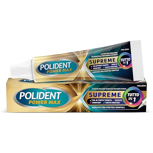 Polident Power Max Supreme Tutto In 1, Adesivo Per Protesi Dentale, 12 Ore Di Tenuta Giornaliera, Limita Le Infiltrazioni Di Cibo, Gusto Neutro, 70 G