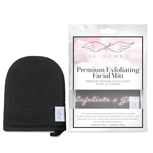 Seraphic Skincare Premium Exfoliating Facial Mitt – 100% Vegan Dual-Sided Face Mitten With Viscose & Washcloth – Facial Scrub Pad For Gentle Cleansing