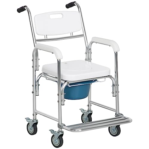 Homcom Sedia Comoda Wc Per Anziani 3 In 1 Pieghevole, 45Cm Sedia A Rotelle Girevoli Con Vaso Rimovibile, Altezza Regolabile, Rialzo Sedia Wc Per Anzia
