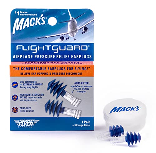 Mack'S Flightguard Airplane Pressure Relief Tappi Per Le Orecchie - 26Db Nrr - Comodi E Sicuri, Tappi Per Le Orecchie Da Viaggio Blu