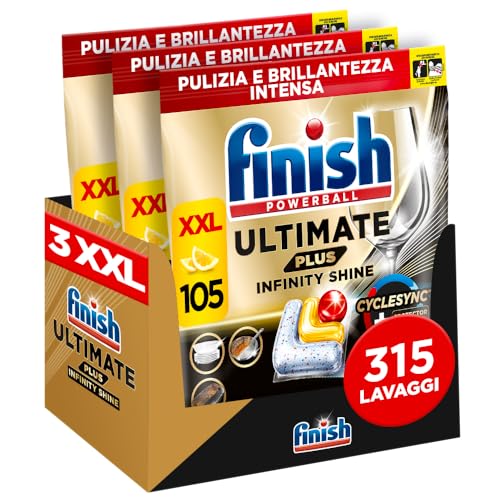 Finish Ultimate Plus Infinity Shine Pastiglie Lavastoviglie Al Limone, 315 Capsule Con Scudo Protettivo Contro Lo Sporco E I Residui Incrostati
