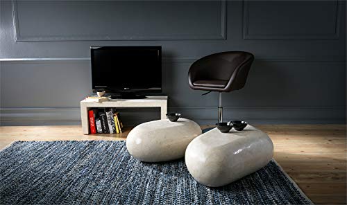 Stones Home Furniture, Tavolino Salotto Moderno Base Ovale In Compensato Marino Ricoperto Da Pietra Fossile White Agata, Modello Sasso Small, Colore B