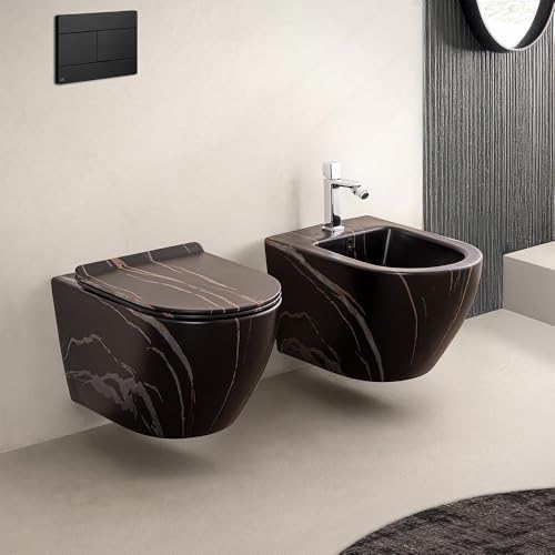 Set Sanitari Sospesi Rimless In Ceramica Con Effetto Marmorizzato Nero Linea Tokyo, L 36 X P 55 X H 33 Cm, Completo Di Sedile Soft-Close