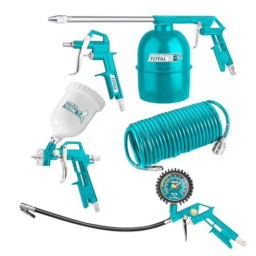 Total - Set Da 5 Utensili Per Compressore Con Tubo A Spirale 4M, Pistola Ad Aria, Pistola A Spruzzo 600Cc, Pistola Lavaggio 750Cc E Pistola Gonfiaggio