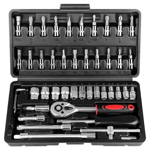 Waizhiua 46 Pezzi Set Di Chiavi A Bussola Con Cricchetto 1/4", Set Di Chiavie A Cricchetto Con Set Di Bussole, Sgancio Rapido, Barra Di Estensione E C