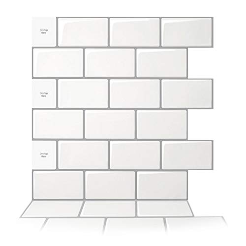 Art3D Staccare E Attaccare 10 Fogli Peel And Stick Backsplash, 30,5 X 30,5 Cm, Piastrelle Adesive Cucina, Monocolore Bianco Con Malta Grigia
