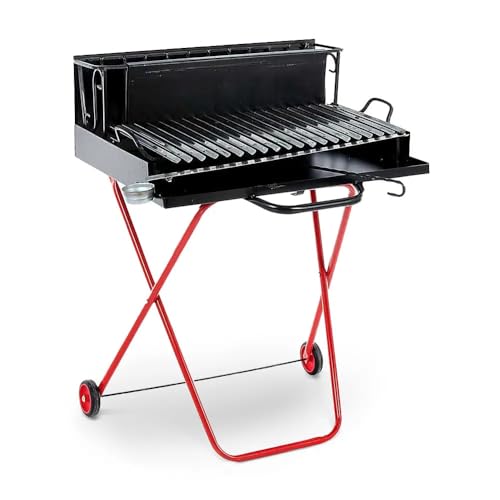 Barbecue A Legna Portatile Con Griglia In Acciaio Inox, Ripiano Recupera Grassi, Pieghevole Con Ruote, Made In Italy, Con Tira Braci E Bicchiere Racco