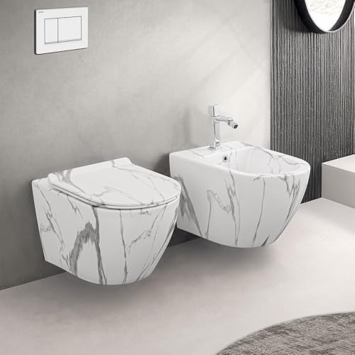 Set Sanitari Sospesi Rimless In Ceramica Con Effetto Marmorizzato Bianco Linea Tokyo, L 36 X P 55 X H 33 Cm, Completo Di Sedile Soft-Close