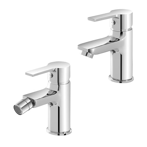 Set Miscelatori Lavabo E Bidet Con Piletta Automatica, In Ottone Cromato Con Leva Monocomando, Serie Prima