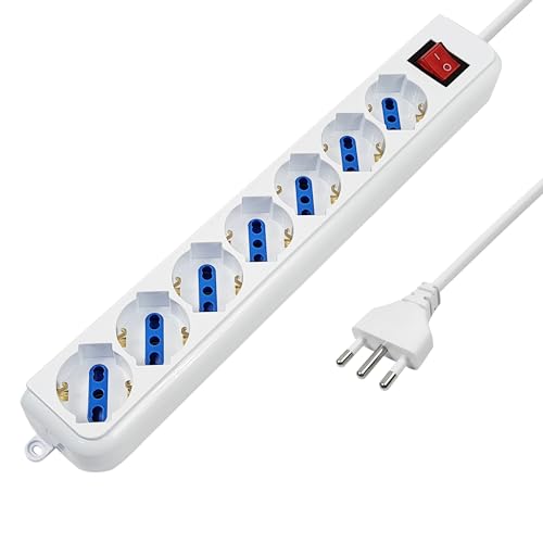 Atlantis P011-Sl3007-W Striscia Multipresa, 7 Prese Italiano/Europa/Schuko Bipasso Da 10A/16A Presa 16A, 2500 W, Bianco