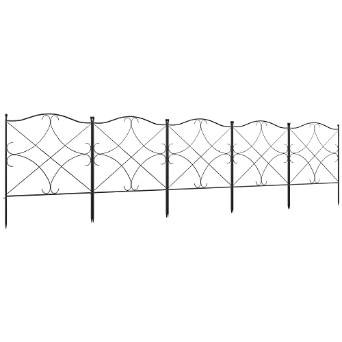 Outsunny Set Recinzioni Da Giardino A 5 Pannelli Con Paletti, Recinzione Decorativa In Metallo, Per Giardino, Cortile, Prato E Aiuola, 305X62 Cm, Nero
